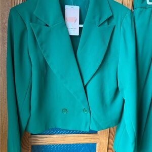 Green Suit, Cropped Jacket and Pleated Trousers.